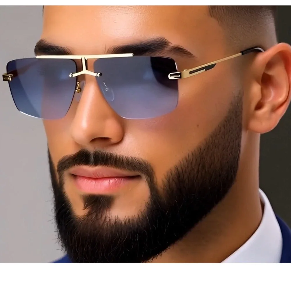 Men Rimless Square‎ Sunglasses Gradient Blue Lens Gold Frame Oversized Fashion